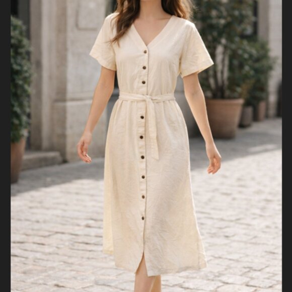 Pact Dresses & Skirts - Pact Cream Button-Down Midi Dress Organic Cotton Linen Sz M Chic Cottagecore